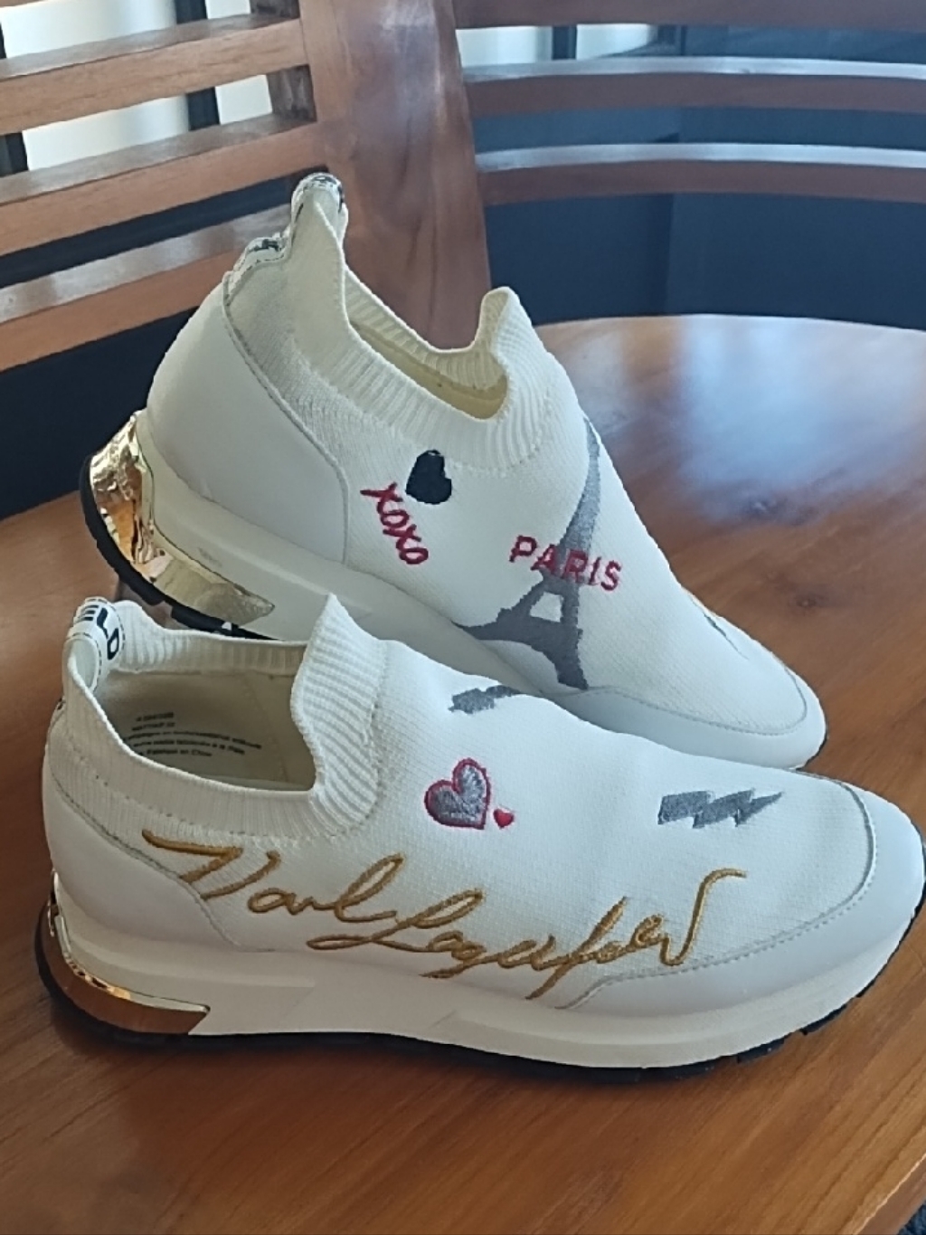 Karl Lagerfeld White Knit Slip-On Sneakers With Gold Script And Metallic Heel